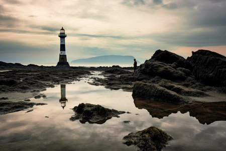 lighthouse silhouette on a rocky coastline during low tide, created with generative aiの素材