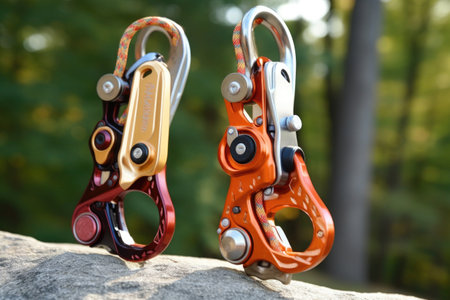 grigri and tubular belay devices side by side, created with generative aiの素材