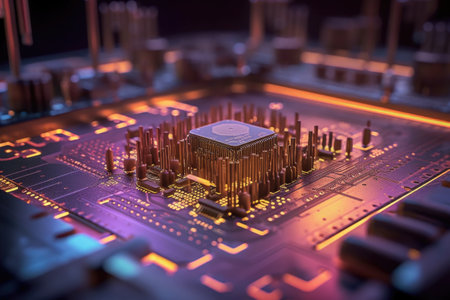 close-up of ai microchip circuit in laboratory, created with generative aiの素材
