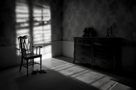 shadows cast by broken furniture in an eerie room, created with generative aiの素材