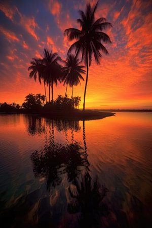 beach sunset with tropical palm trees silhouette, created with generative aiの素材