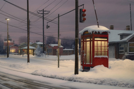 snow-covered telephone booth with a double-decker bus passing by, created with generative aiの素材