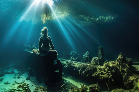 ancient statue in a shipwrecks shadow, created with generative aiの素材