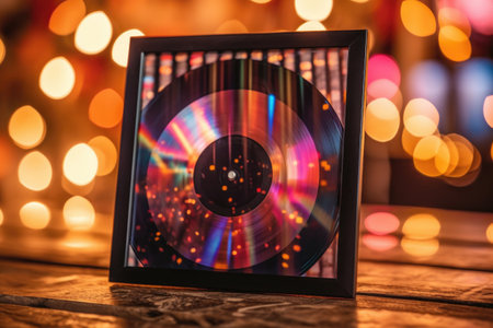 vinyl record framed by soft bokeh lights, created with generative aiの素材