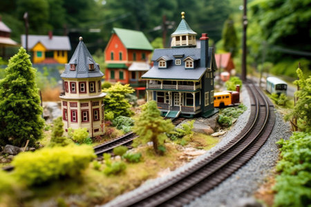 miniature train station with tracks and tiny trains, created with generative aiの素材