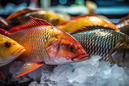 close-up of fresh fish on ice displayed at a market, created with generative aiの素材