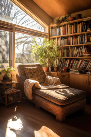 sunlit reading nook with bookshelf and comfy chair, created with generative aiの素材