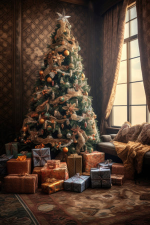 decorated christmas tree with gifts underneath, created with generative aiの素材