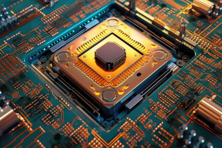 top view of an ai chip on a circuit board, created with generative aiの素材