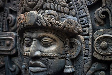close-up of intricate mayan stone carving details, created with generative aiの素材