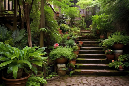 outdoor garden staircase surrounded by lush greenery, created with generative aiの素材