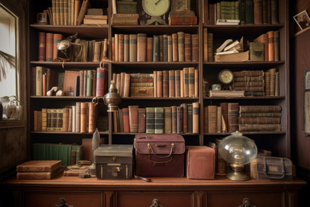 library bookshelf filled with old, leather-bound books, created with generative aiの素材