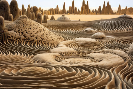 sand garden with intricate swirling patterns and rocks, created with generative aiの素材