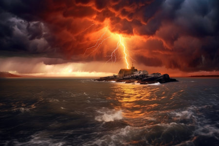 fiery lightning bolt piercing through cloudy seascape, created with generative aiの素材