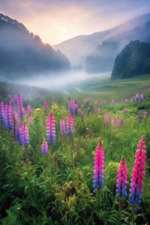 misty mountain valley with vibrant wildflowers, created with generative aiの素材
