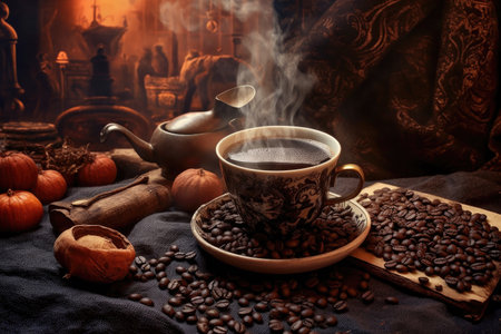 steaming cup of coffee surrounded by roasted beans, created with generative aiの素材