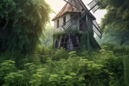 abandoned windmill among overgrown grass and foliage, created with generative aiの素材