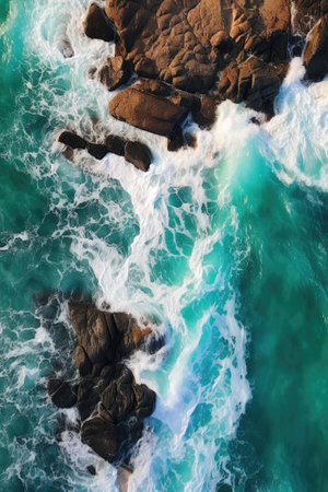 aerial view of turquoise waves crashing on shore, created with generative aiの素材