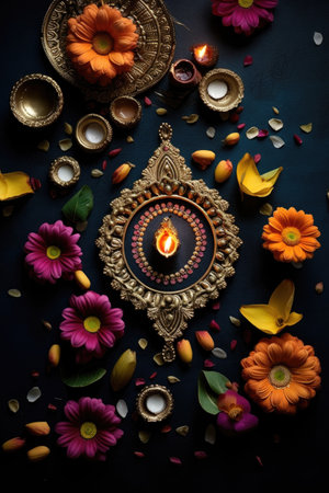 diwali diyas and rangoli design on a dark surface, created with generative aiの素材