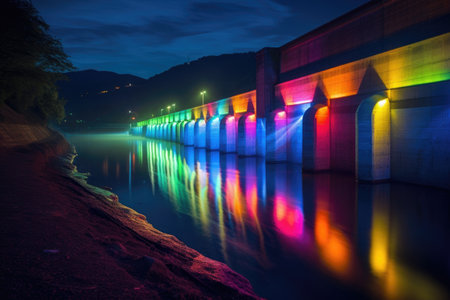 night scene of a hydroelectric dam illuminated by colorful lights, created with generative aiの素材