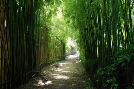 pathway through lush bamboo grove, created with generative aiの素材