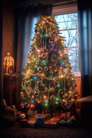 christmas tree with glowing lights and ornaments, created with generative aiの素材
