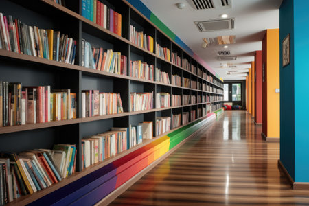 stacked bookshelves with colorful book spines in a modern library, created with generative aiの素材