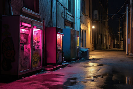 brightly lit vending machines in a dark alley, created with generative aiの素材