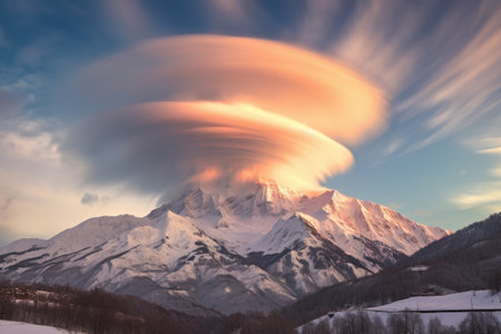 dramatic lenticular clouds hovering above a snowy mountain peak, created with generative aiの素材