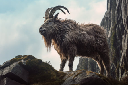 close-up of a mountain goat standing on a rocky cliff, created with generative aiの素材