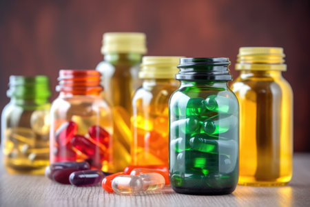 vitamins, minerals and other nutritional supplements in bottle on blurred background, created with generative aiの素材