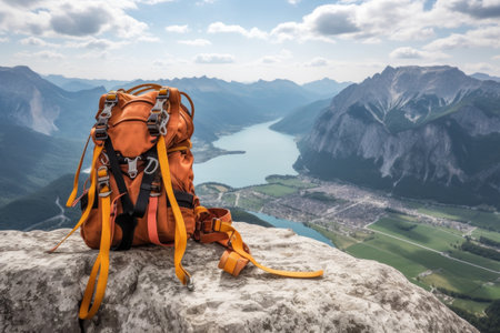 climbing gear on a mountain peak with a breathtaking view in the background, created with generative aiの素材