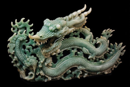 intricate dragon jade carving on black background, created with generative aiの素材