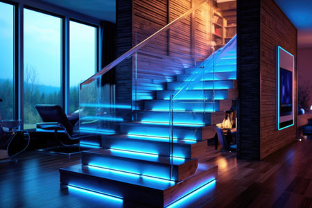 illuminated staircase with creative led lighting effects, created with generative aiの素材