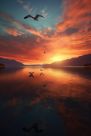 seagulls soaring above a calm sea at sunset, created with generative aiの素材