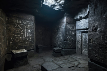 mysterious hieroglyphs etched on ancient stone walls, created with generative aiの素材