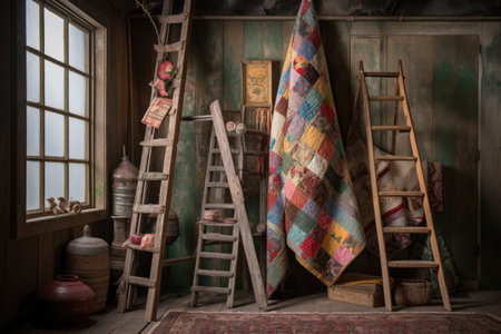 vintage quilts displayed on rustic wooden ladder, created with generative aiの素材