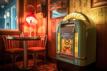 close-up of vintage jukebox in a diner corner, created with generative aiの素材