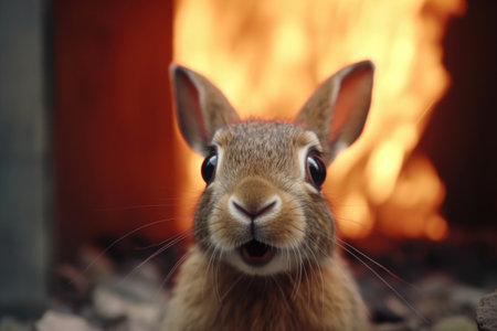 close-up of a scared rabbits face near the fire, created with generative aiの素材
