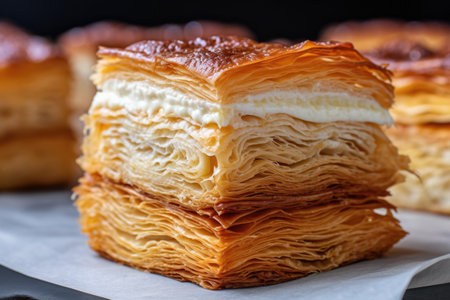 close-up of flaky puff pastry layers, created with generative aiの素材