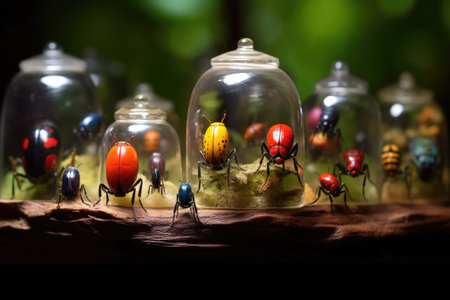 collection of multicolored beetles in a terrarium, created with generative aiの素材