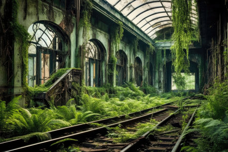 abandoned train station with overgrown tracks, created with generative aiの素材