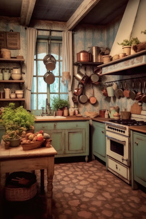 vintage kitchen with rustic decorations, created with generative aiの素材