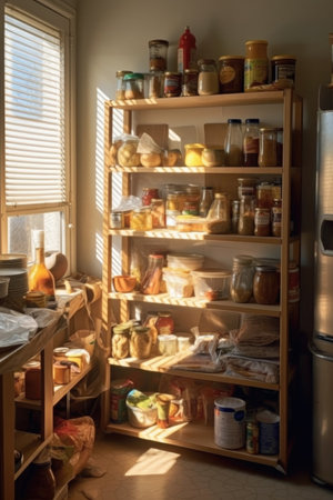 sunlight illuminating a neatly organized pantry, created with generative aiの素材
