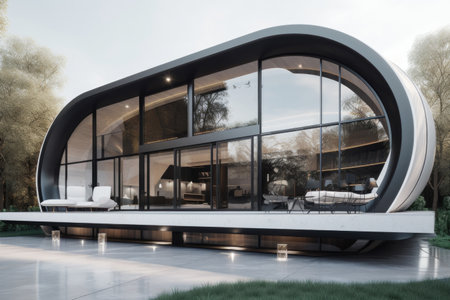 smart home with futuristic design, featuring sleek and streamlined lines and minimalistic elements, created with generative aiの素材