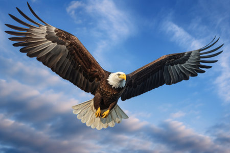 bald eagle in flight with wings spread wide, sky background, created with generative aiの素材