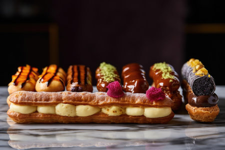 eclairs with various fillings lined up elegantly, created with generative aiの素材