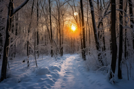 full moon illuminating a snow-covered forest path, created with generative aiの素材