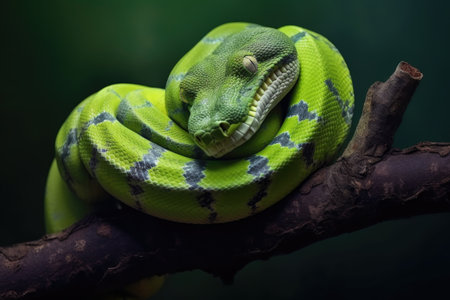 green tree python curled around a branch, created with generative aiの素材