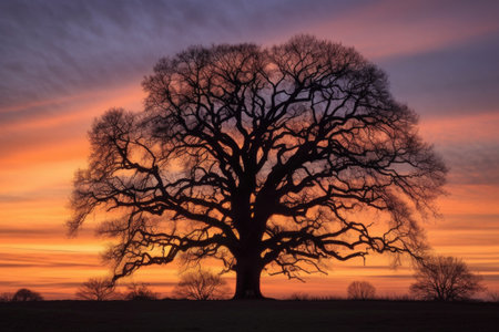 oak tree silhouette against sunset sky, created with generative aiの素材